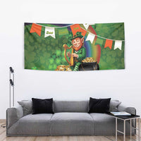 Green St. Patrick’s Day tapestry with leprechaun holding Irish harp, rainbow, and shamrock hearts