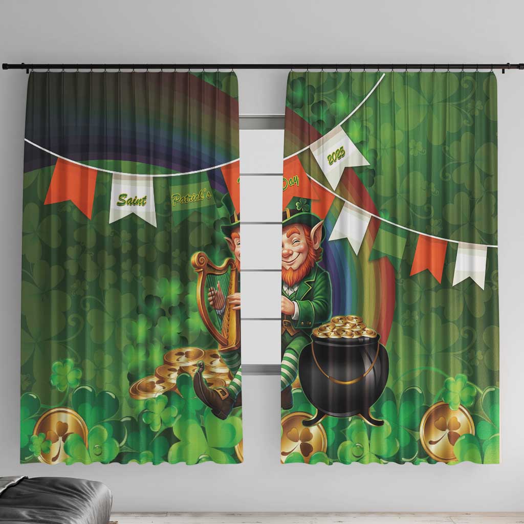 Happy Saint Patrick's Day Window Curtain Leprechaun With Irish Harp - Shamrock Pattern - Wonder Print Shop