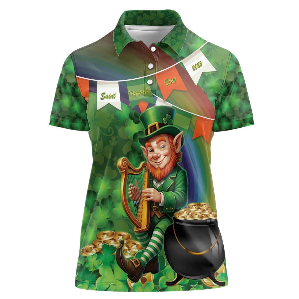 Happy Saint Patrick's Day Women Polo Shirt Leprechaun With Irish Harp - Shamrock Pattern - Wonder Print Shop