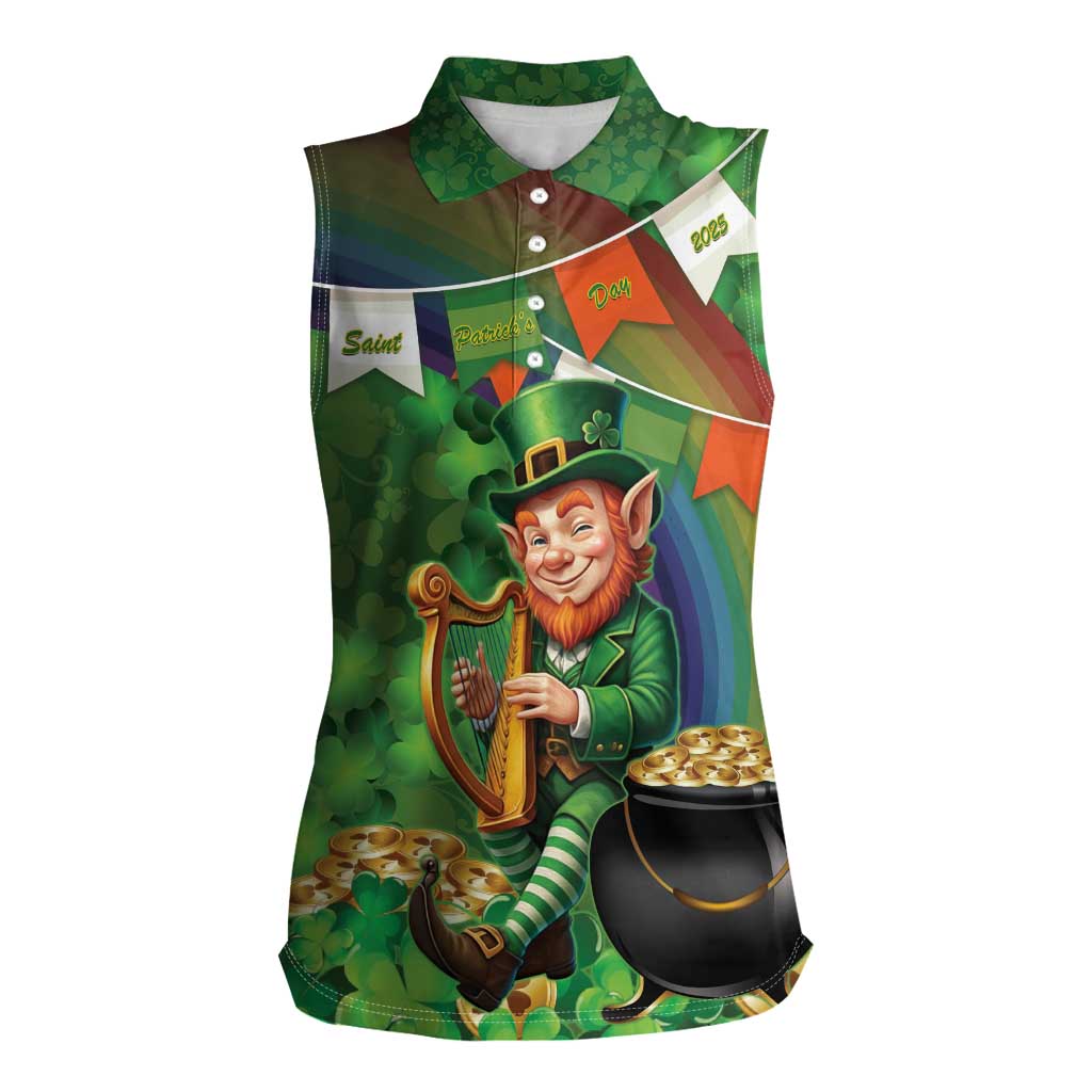 Happy Saint Patrick's Day Women Sleeveless Polo Shirt Leprechaun With Irish Harp - Shamrock Pattern - Wonder Print Shop