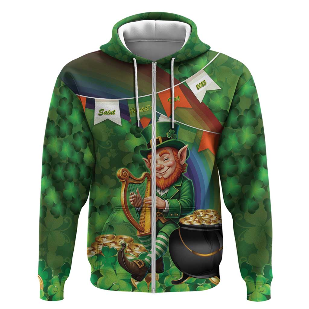 Happy Saint Patrick's Day Zip Hoodie Leprechaun With Irish Harp - Shamrock Pattern - Wonder Print Shop