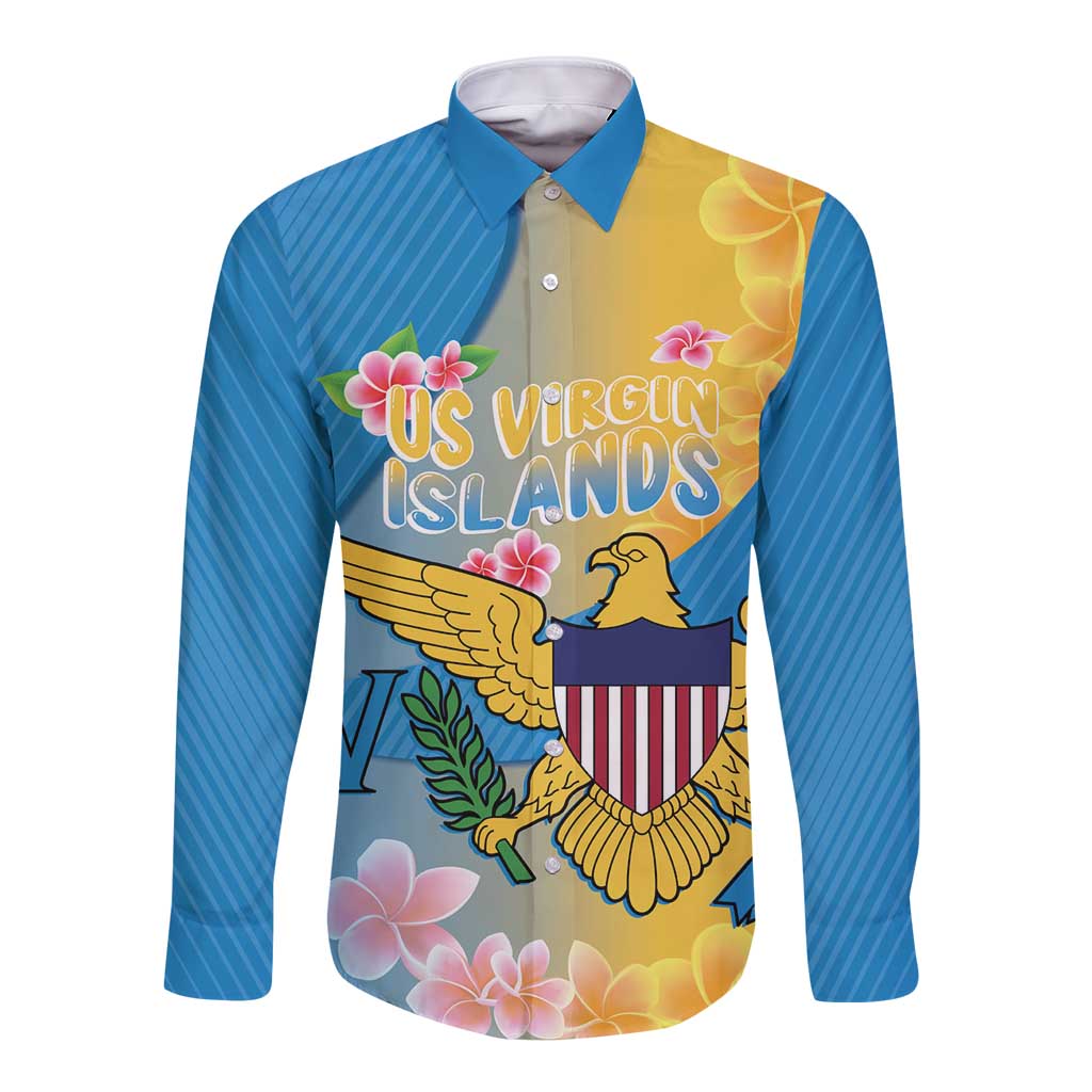 US Virgin Islands Long Sleeve Button Shirt Coat of Arms Plumeria Curve Style - Wonder Print Shop