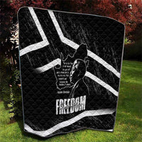 Black quilt with white diagonal bands, Mandela portrait, and Freedom text centerpiece