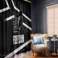 Black window curtain with map outline, Mandela portrait, and white diagonal stripe panels