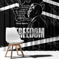 Black window curtain panel with Mandela portrait, quote text, and wide white stripes