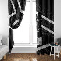 Pair of black window curtains with white diagonal stripes and Mandela map silhouette