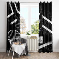 Black window curtain with Mandela portrait, quote text, and white diagonal stripes over rod