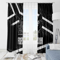Black window curtains with white diagonal stripes, Mandela silhouette, and map print
