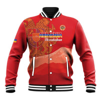 Red varsity baseball jacket with striped collar, cuffs, and front button placket graphics