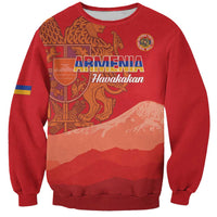 Red crewneck sweatshirt with Armenia graphic, 'ARMENIA' and 'Havakakan' on front