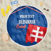 Round blue beach blanket with Slovakia soccer graphic, fringe trim, and custom text