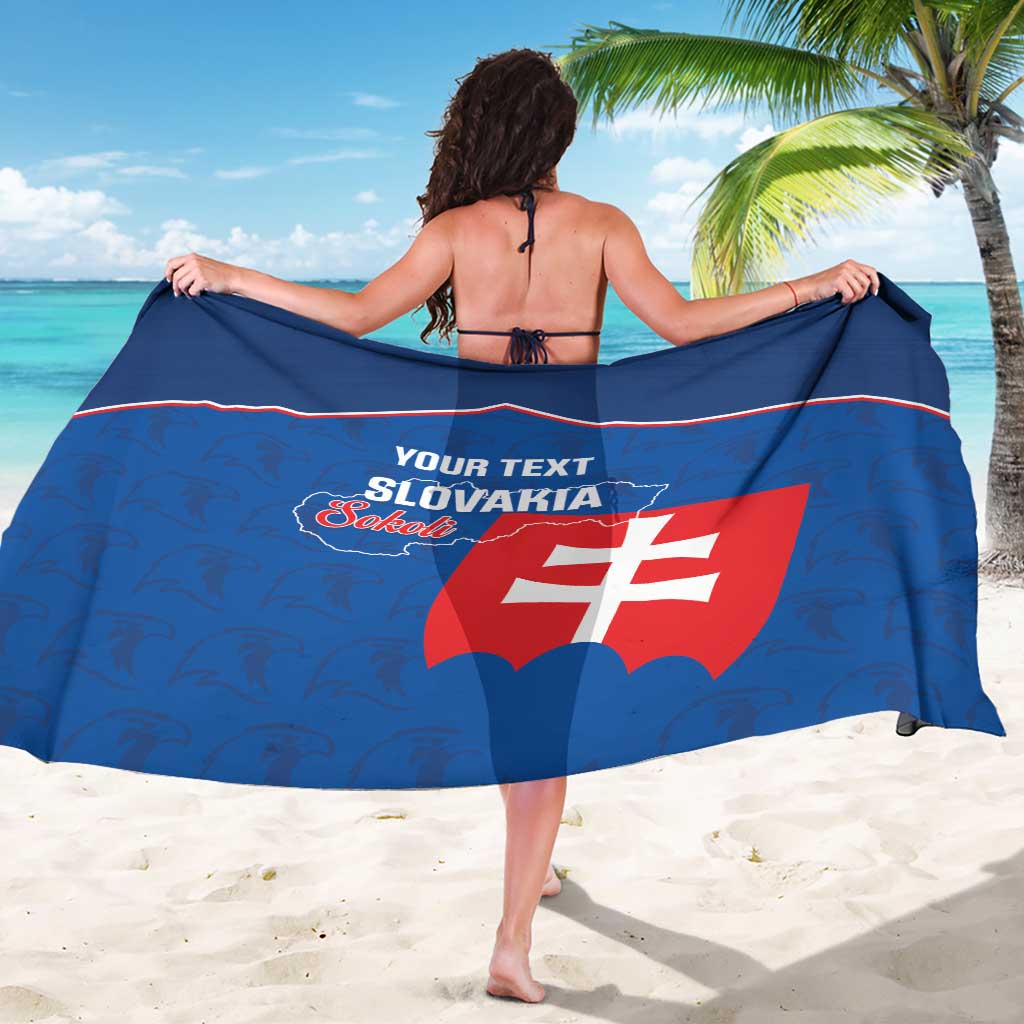 Blue Slovakia football sarong with red shield flag emblem and custom text, back view