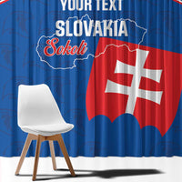 Blue Slovakia football window curtain with Sokoli falcon graphic and white text