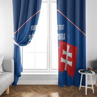 Two blue curtain panels framing a white window with Slovakia and shield graphic