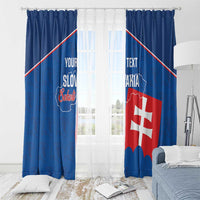 Blue and white window curtain panels with Slovakia-themed print and red-white shield