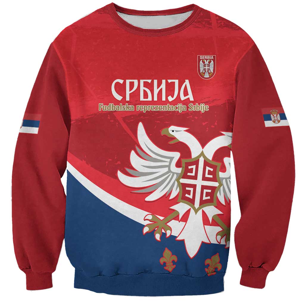 Red and blue Serbia football sweatshirt with crest, eagle graphic, and long sleeves
