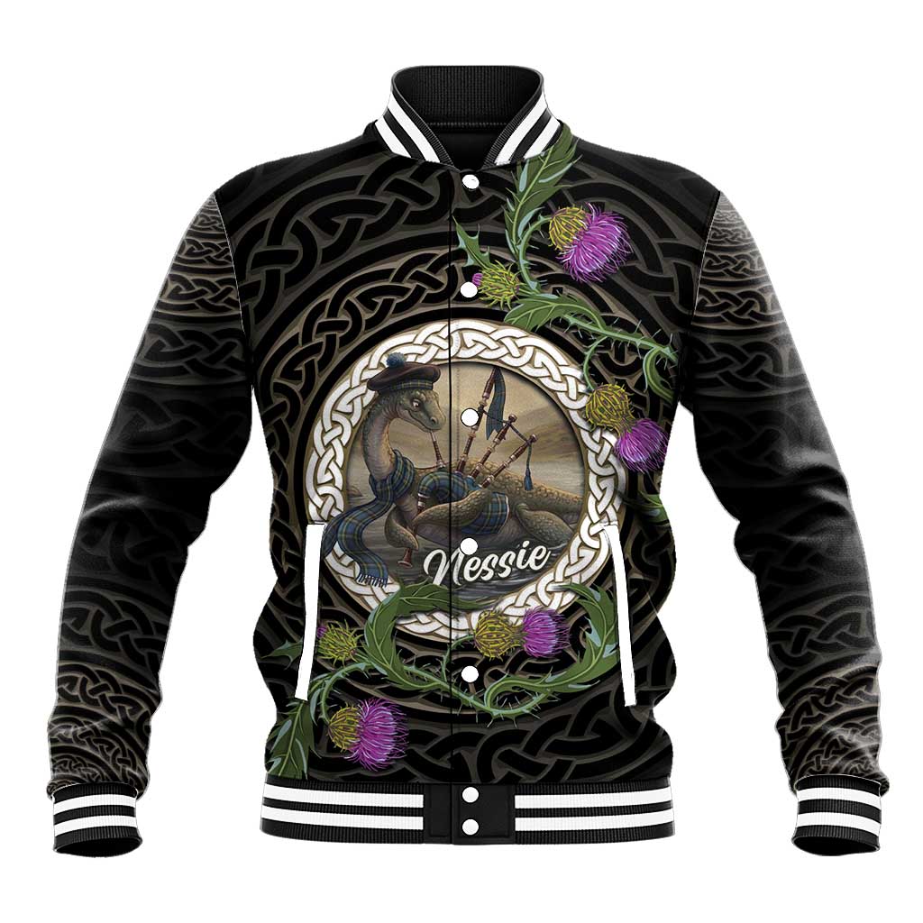 Personalised Loch Ness Monster Scotland Baseball Jacket Nessie Bagpipe Scottish Thistle Celtic Knot