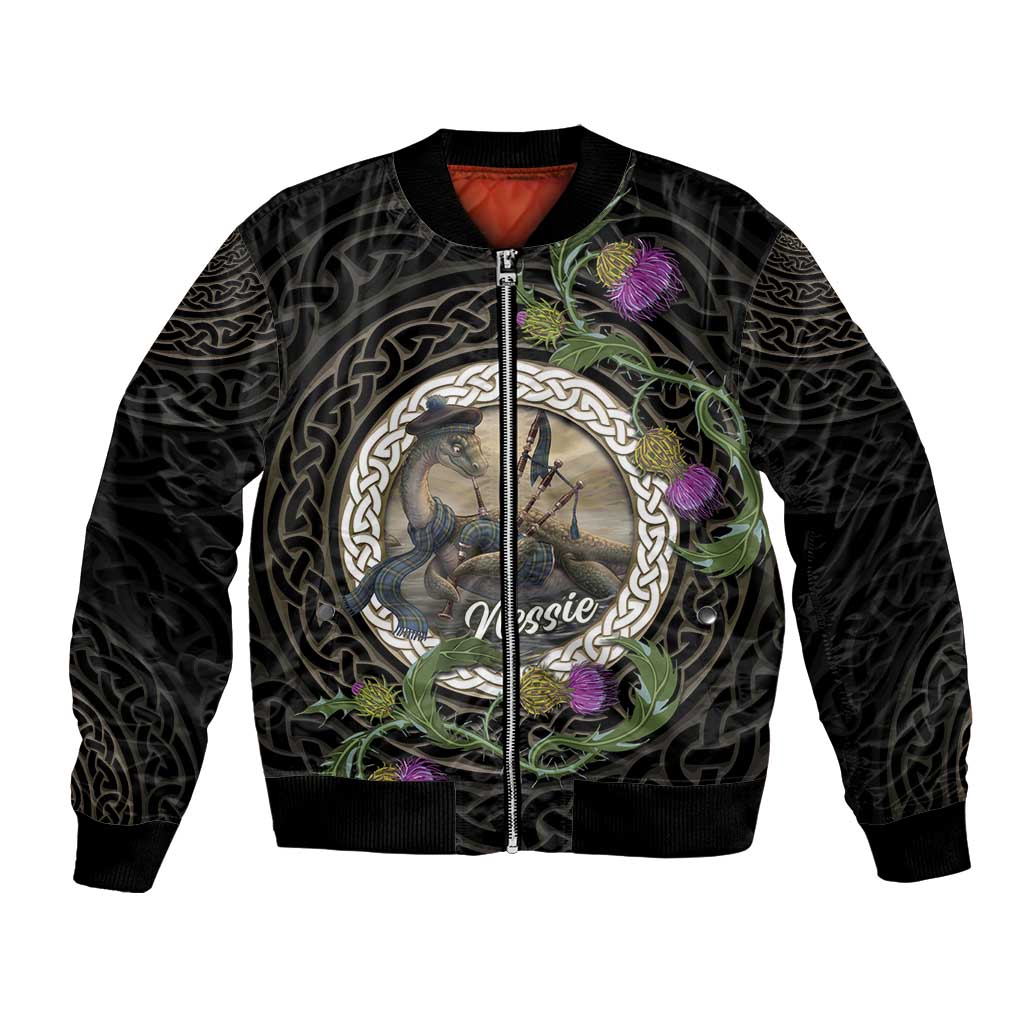 Personalised Loch Ness Monster Scotland Bomber Jacket Nessie Bagpipe Scottish Thistle Celtic Knot
