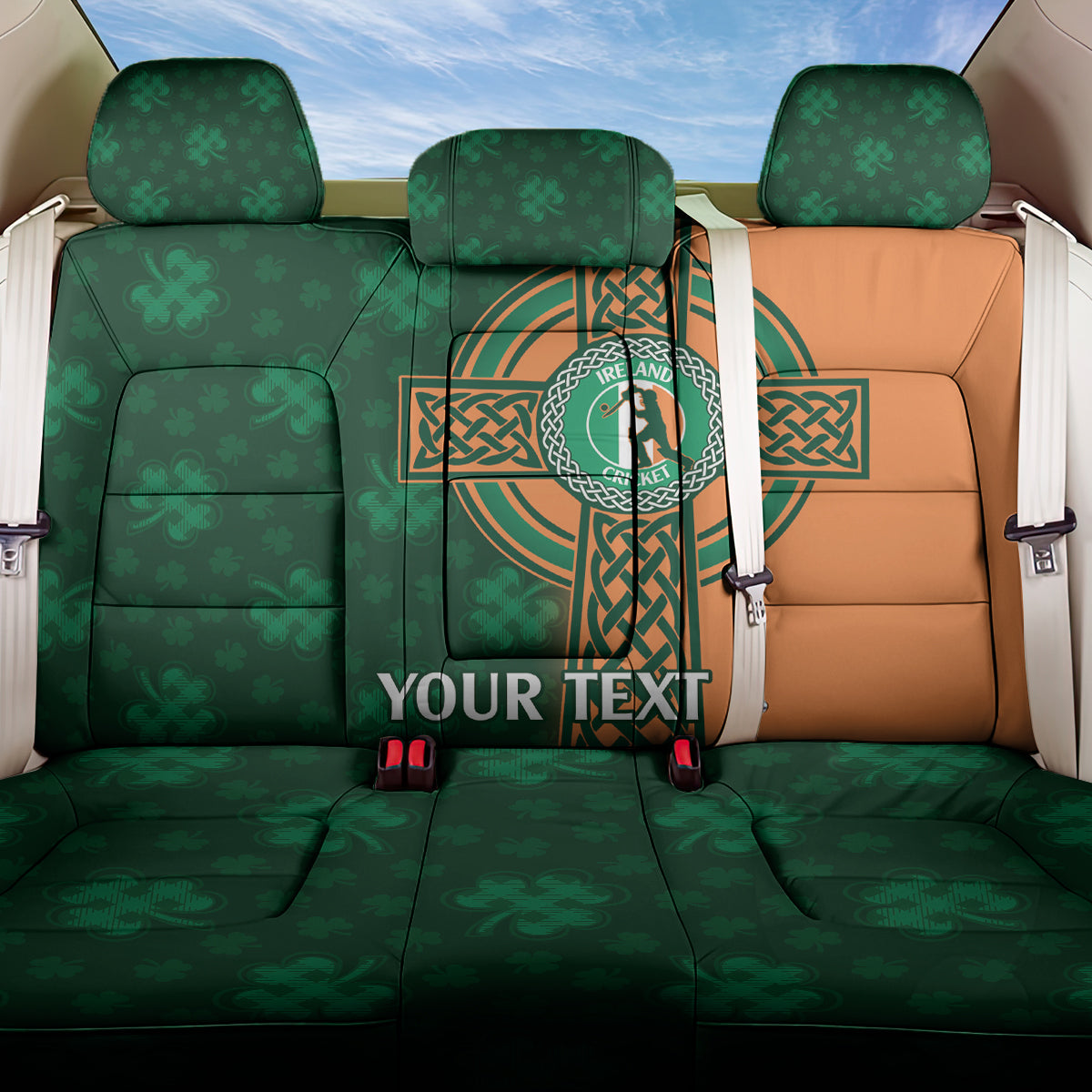 Custom Ireland Cricket Back Car Seat Cover 2024 Celtic Shamrock Go Champions - Wonder Print Shop