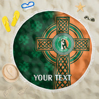 Round green and tan cricket beach blanket with Ireland Cricket crest, 'YOUR TEXT', and fringed border