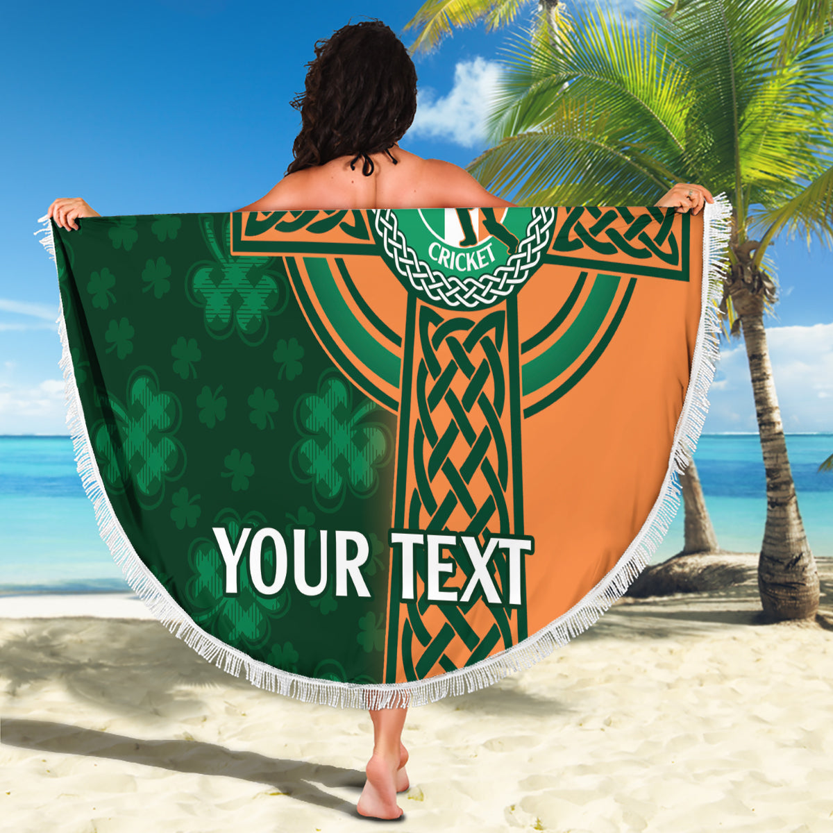Round green and tan cricket beach blanket with Ireland Cricket crest and fringe edge