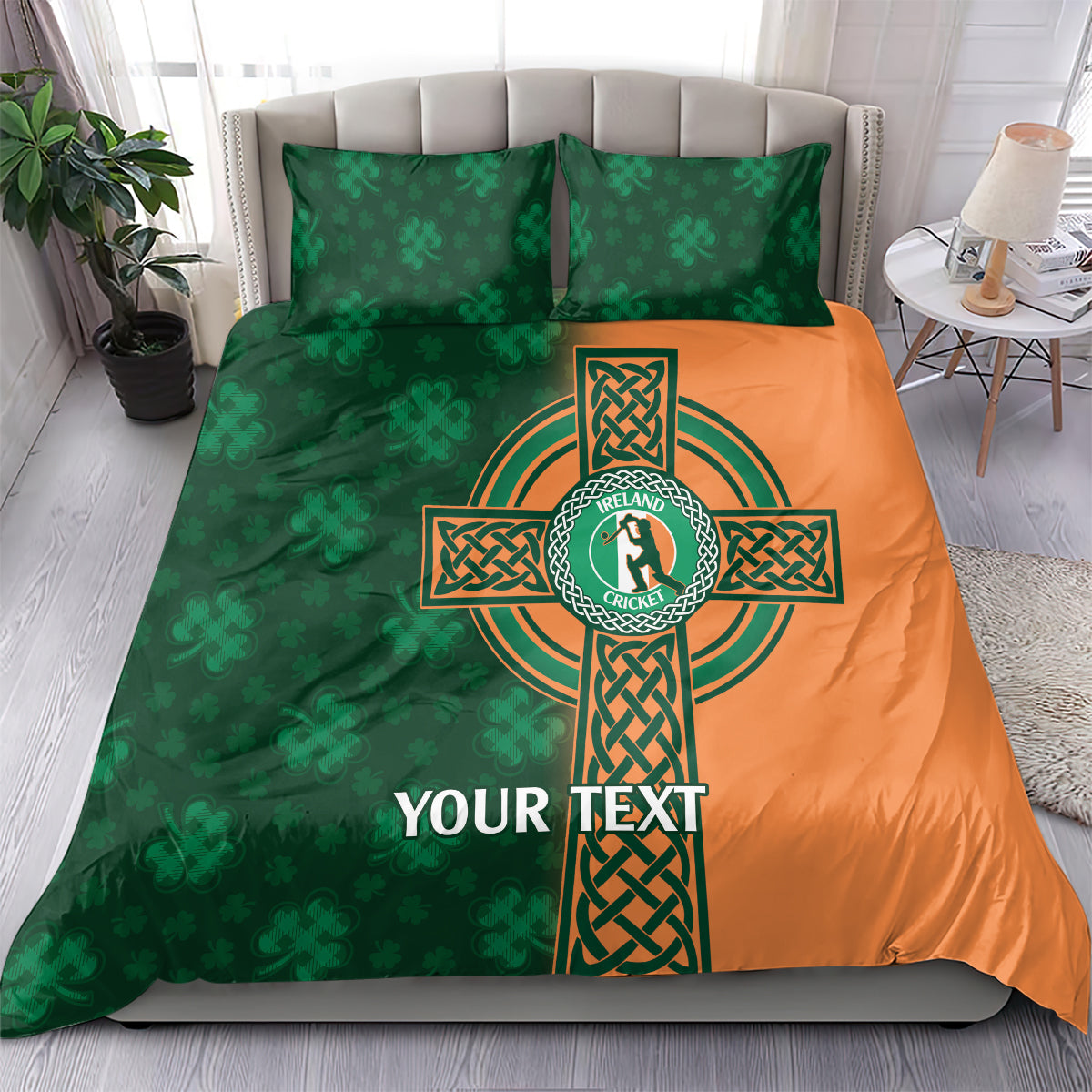 Green and orange bedding set with Irish cricket crest, celtic cross design, and two pillowcases