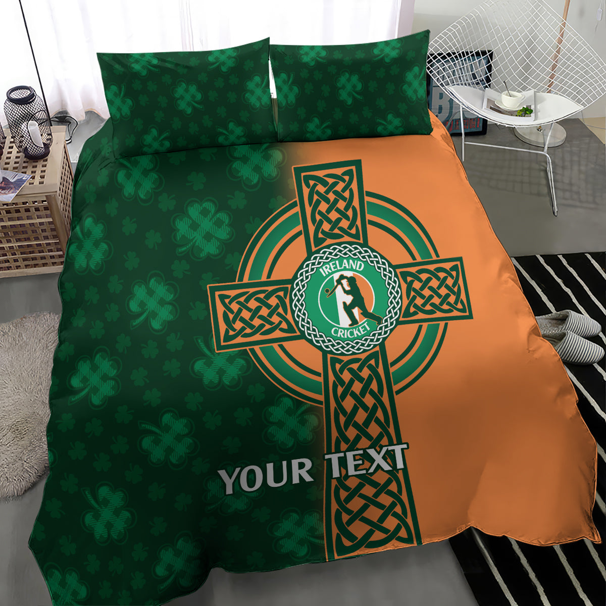Green and orange duvet and pillowcases featuring Irish cricket crest and celtic cross custom text