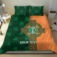 Green and orange bedding set with Irish cricket crest, celtic cross emblem, and custom text