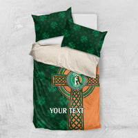 Green and orange duvet set with Irish cricket crest, celtic cross, and two matching pillowcases