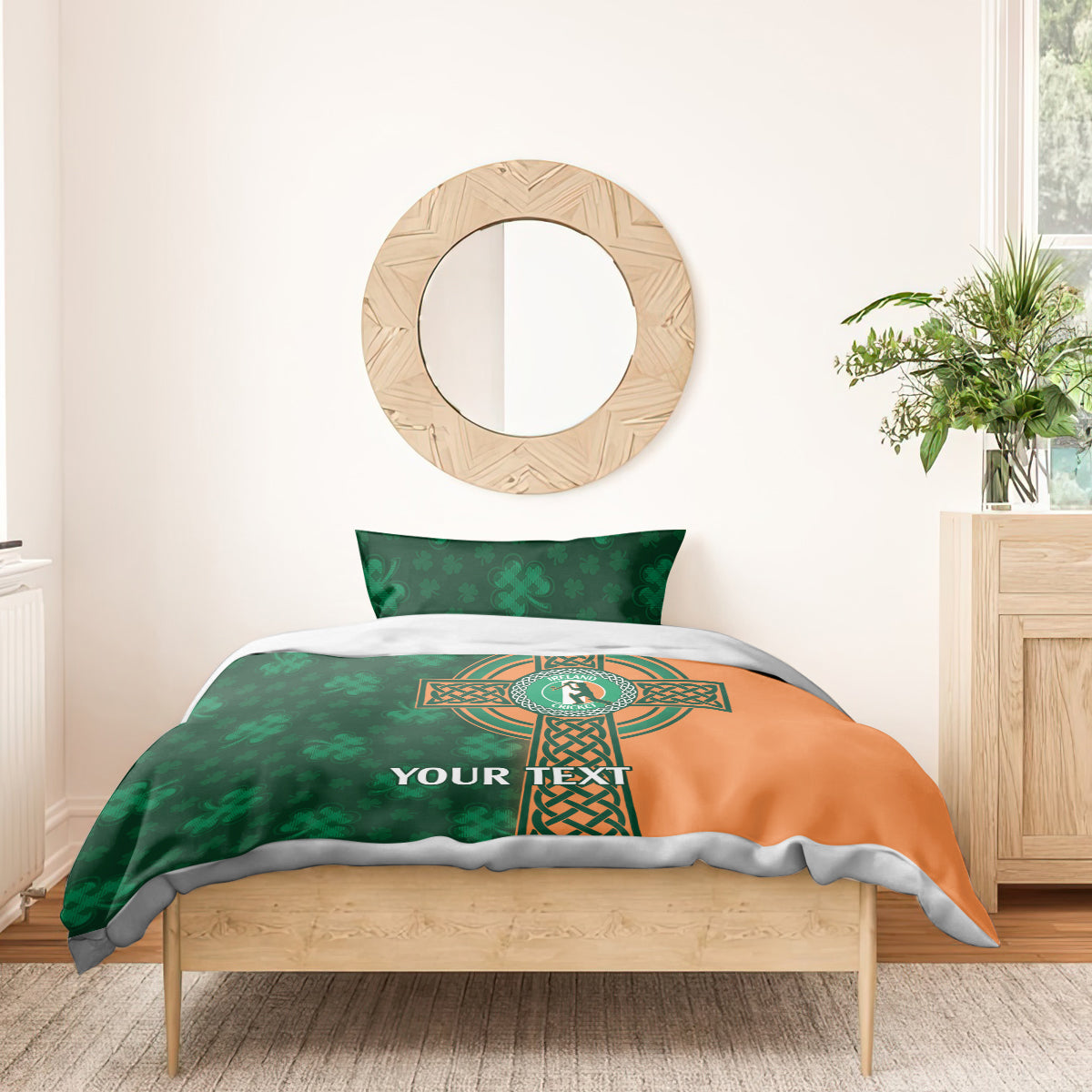 Green and orange duvet cover with Irish cricket crest, celtic cross emblem, and custom text