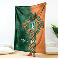 Green-and-orange cricket blanket featuring a Celtic emblem and custom “YOUR TEXT”