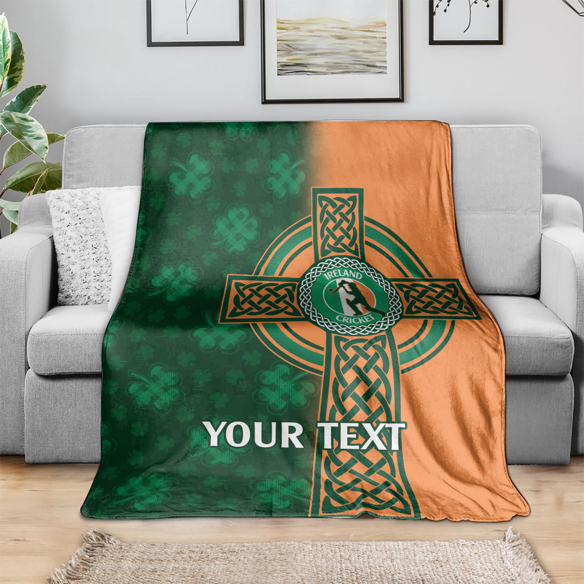 Cricket blanket in green and orange with Ireland Celtic emblem and “YOUR TEXT”