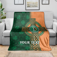 Cricket blanket in green and orange with Ireland Celtic emblem and “YOUR TEXT”