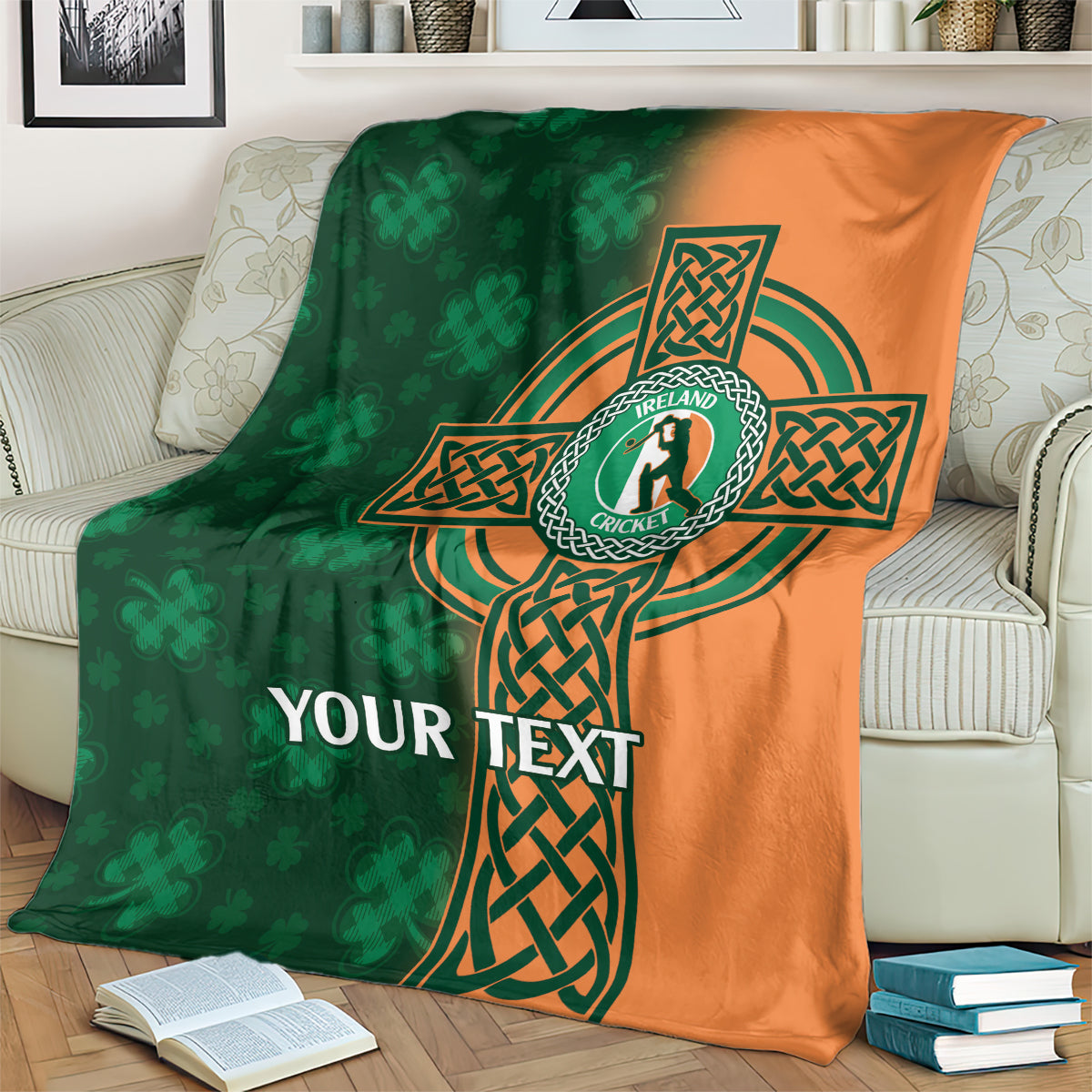 Green and orange cricket blanket with Ireland crest, Celtic knot design, and “YOUR TEXT”