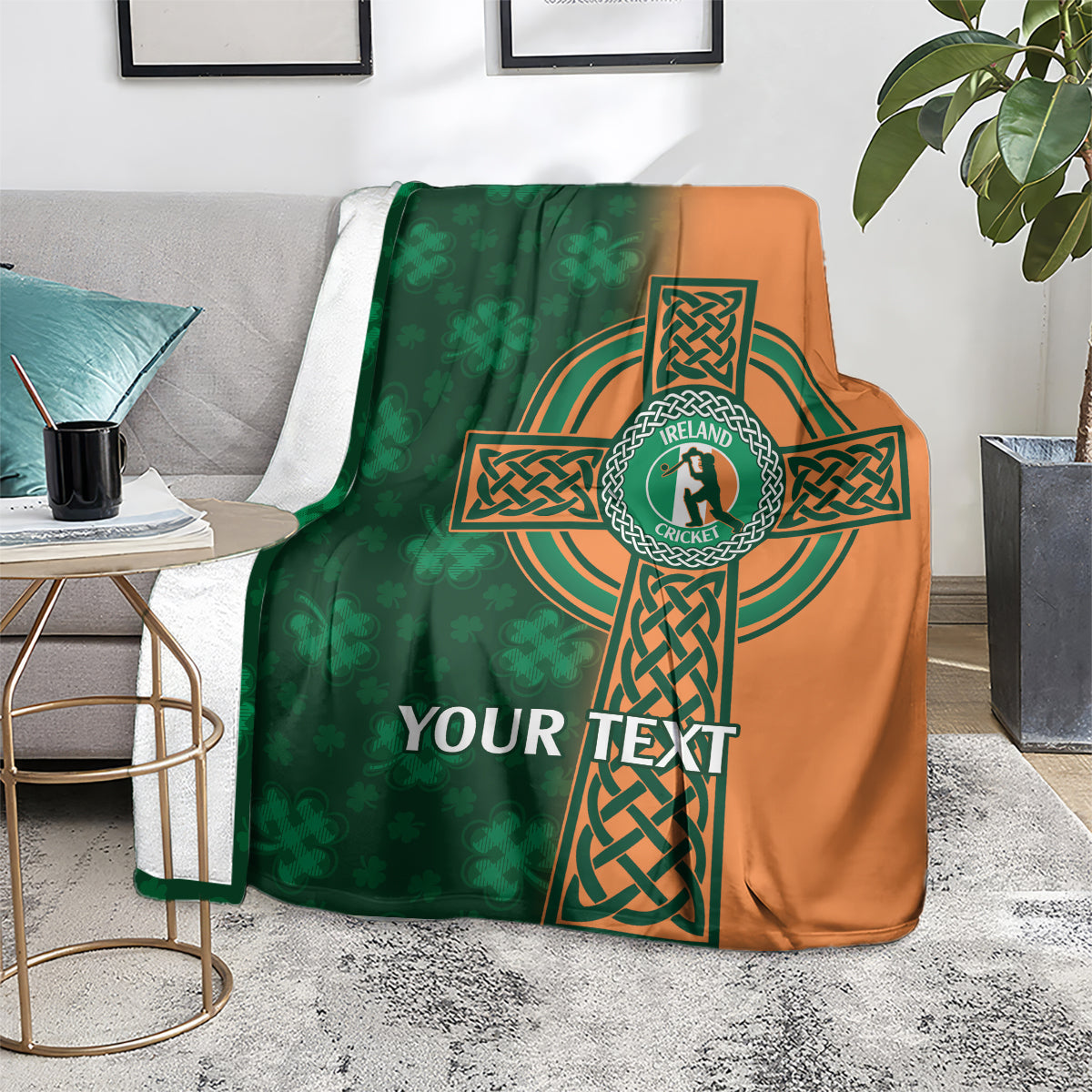 Green-and-orange cricket blanket with Ireland emblem, Celtic knot cross, and “YOUR TEXT”