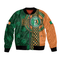 Green and orange cricket bomber jacket with Celtic crest panel and ribbed cuffs