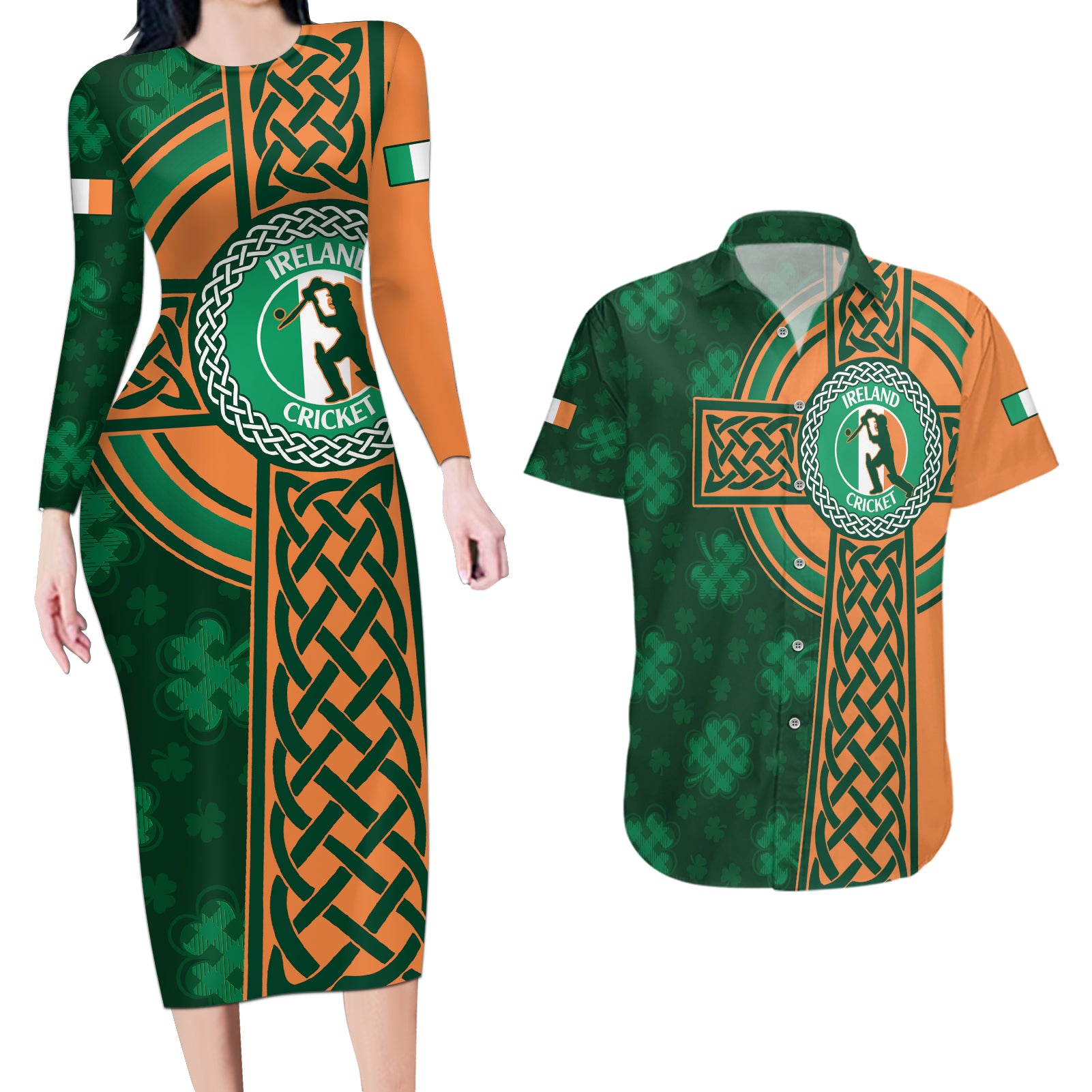 Custom Ireland Cricket Couples Matching Long Sleeve Bodycon Dress and Hawaiian Shirt 2024 Celtic Shamrock Go Champions - Wonder Print Shop