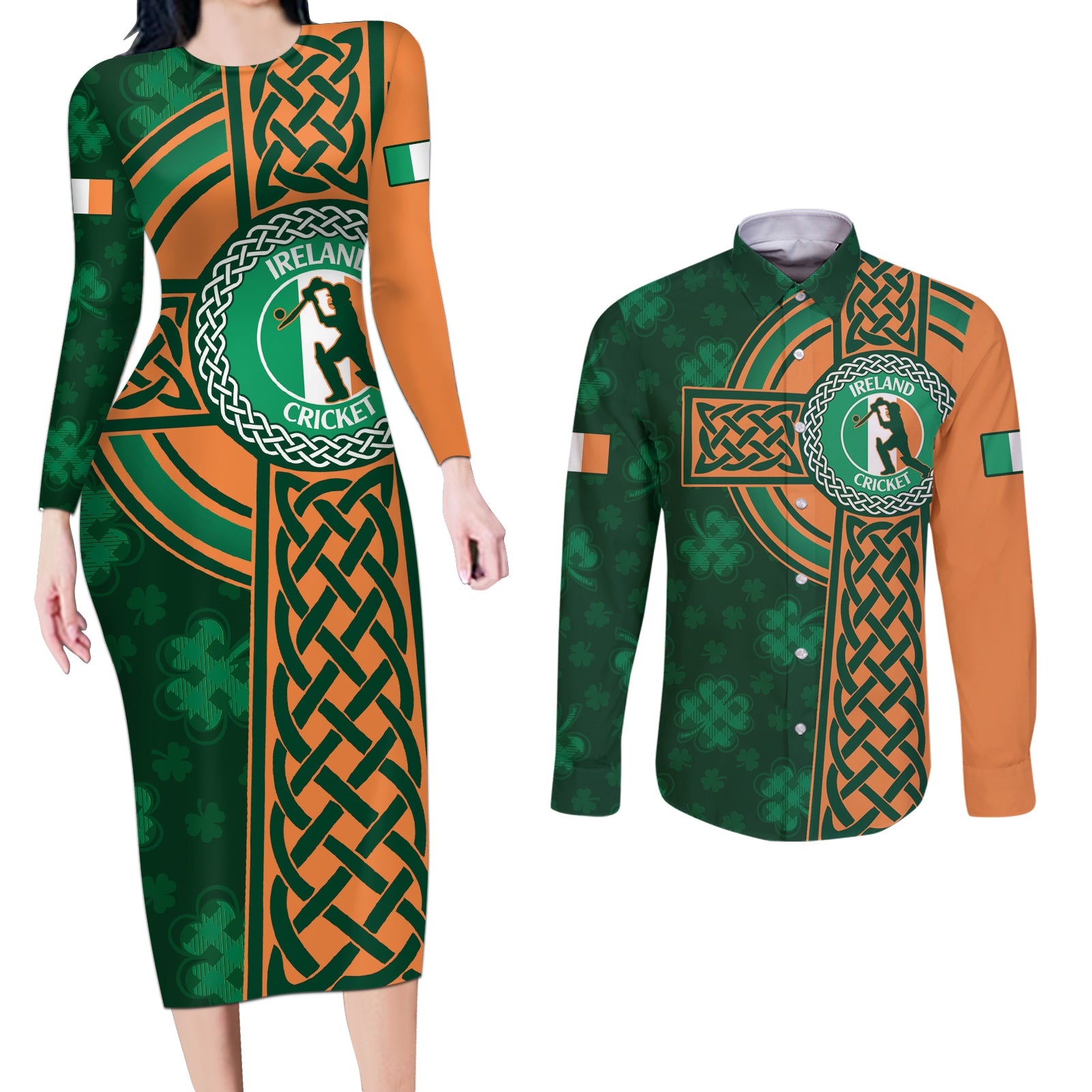 Custom Ireland Cricket Couples Matching Long Sleeve Bodycon Dress and Long Sleeve Button Shirt 2024 Celtic Shamrock Go Champions - Wonder Print Shop