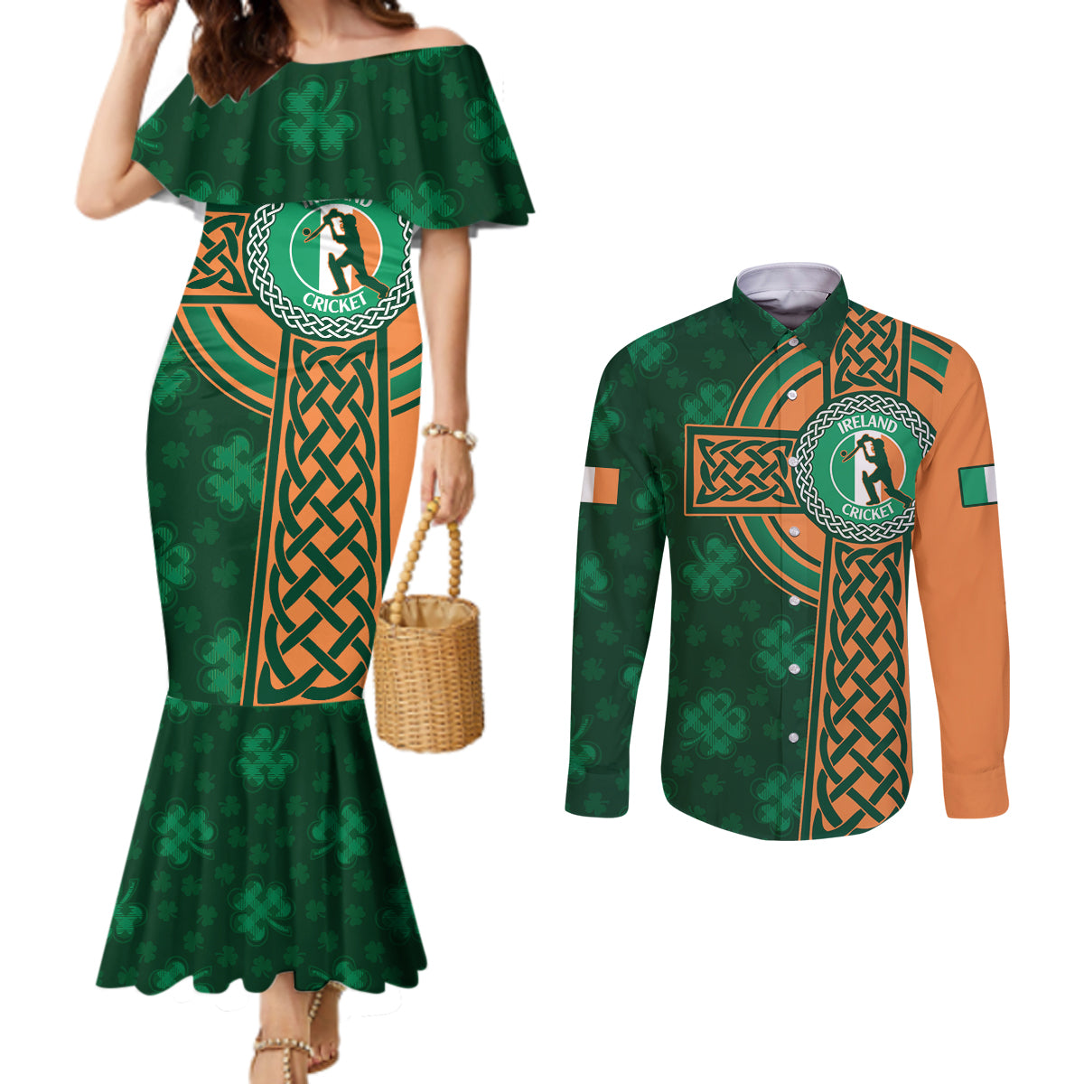 Custom Ireland Cricket Couples Matching Mermaid Dress and Long Sleeve Button Shirt 2024 Celtic Shamrock Go Champions