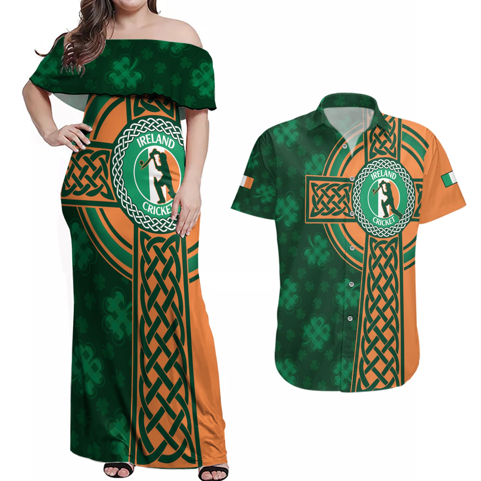 Custom Ireland Cricket Couples Matching Off Shoulder Maxi Dress and Hawaiian Shirt 2024 Celtic Shamrock Go Champions - Wonder Print Shop