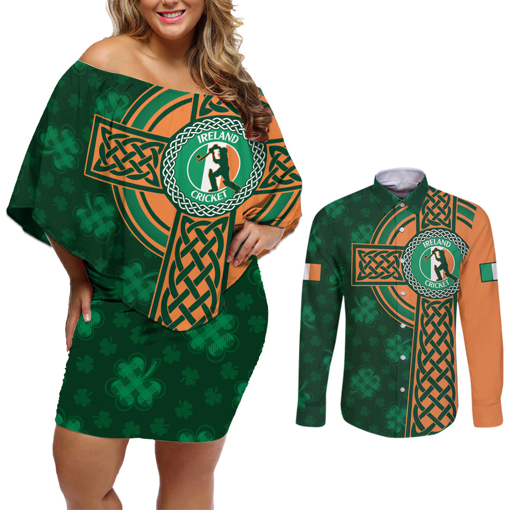 Custom Ireland Cricket Couples Matching Off Shoulder Short Dress and Long Sleeve Button Shirt 2024 Celtic Shamrock Go Champions - Wonder Print Shop