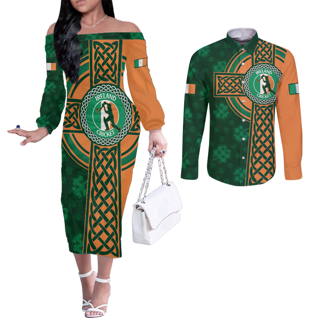 Custom Ireland Cricket Couples Matching Off The Shoulder Long Sleeve Dress and Long Sleeve Button Shirt 2024 Celtic Shamrock Go Champions