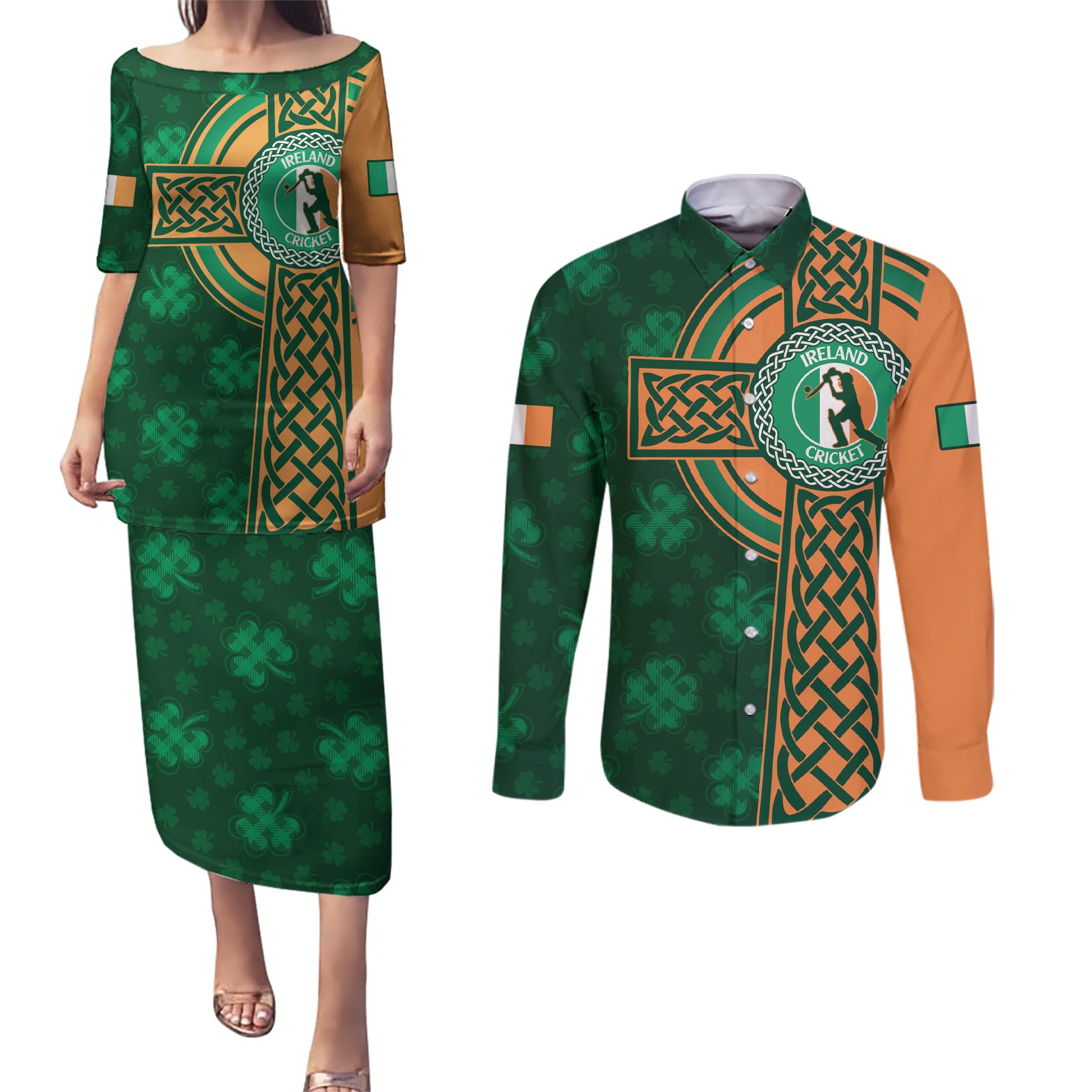 Custom Ireland Cricket Couples Matching Puletasi and Long Sleeve Button Shirt 2024 Celtic Shamrock Go Champions - Wonder Print Shop