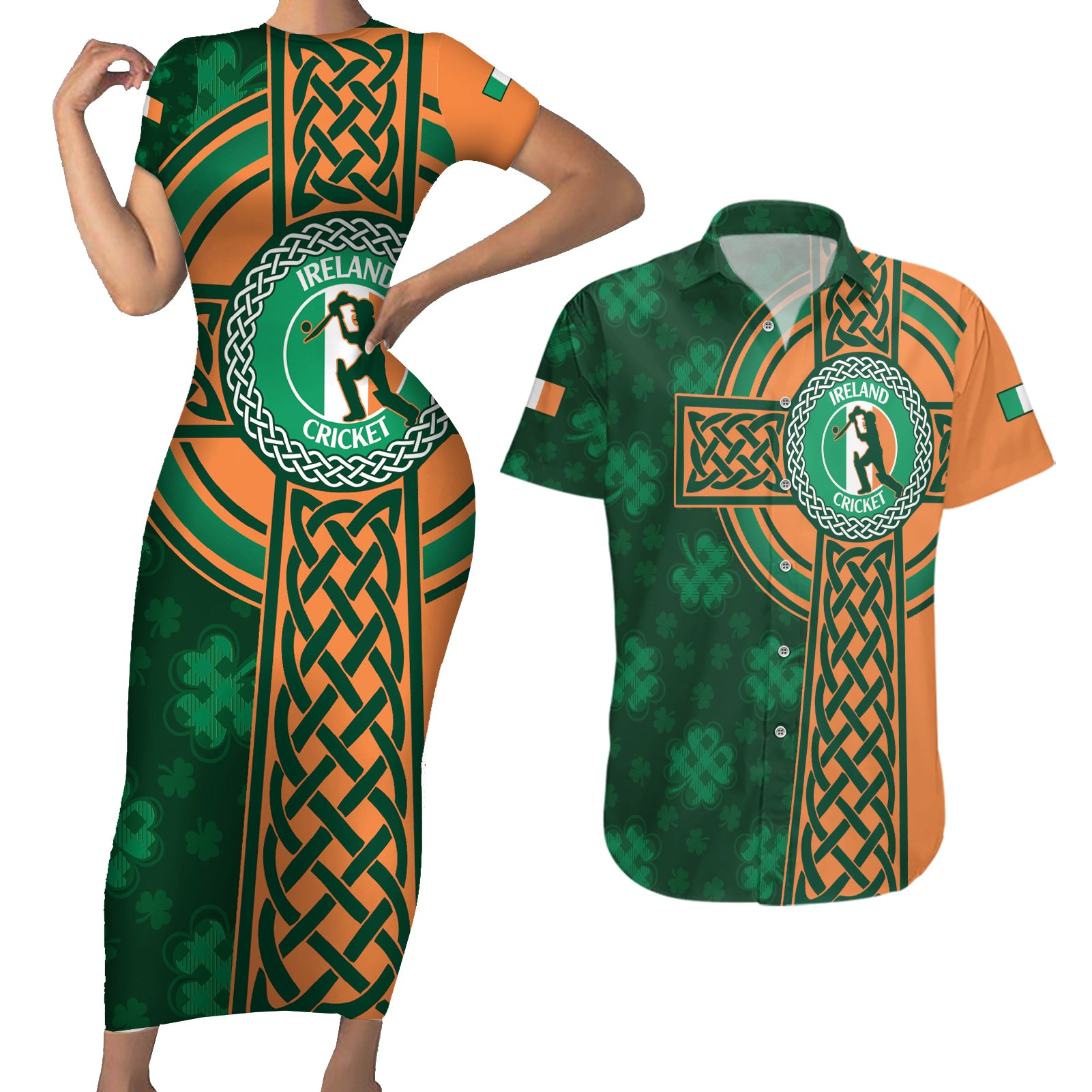 Custom Ireland Cricket Couples Matching Short Sleeve Bodycon Dress and Hawaiian Shirt 2024 Celtic Shamrock Go Champions - Wonder Print Shop