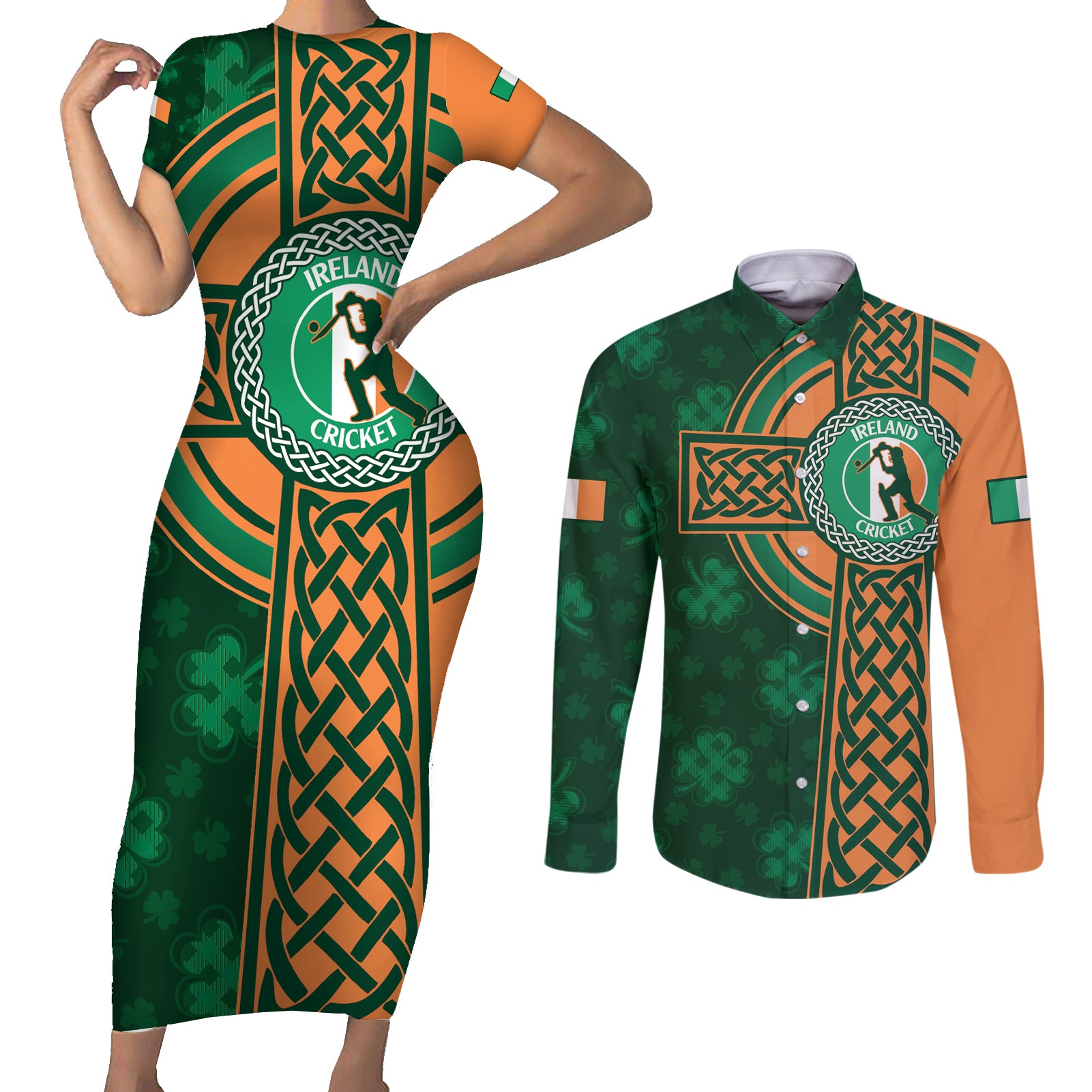 Custom Ireland Cricket Couples Matching Short Sleeve Bodycon Dress and Long Sleeve Button Shirt 2024 Celtic Shamrock Go Champions - Wonder Print Shop