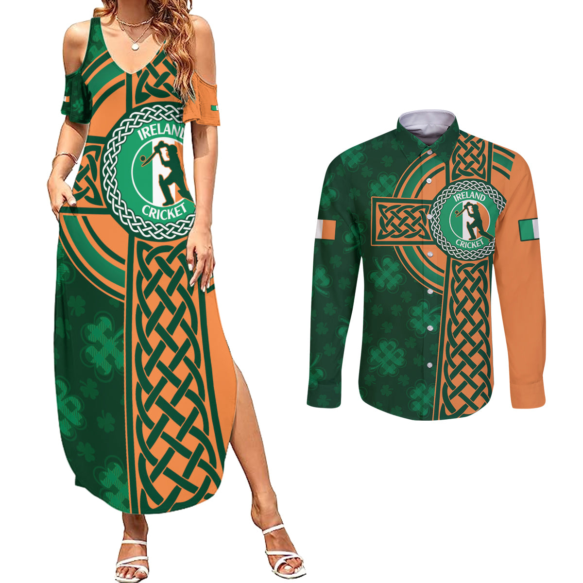 Custom Ireland Cricket Couples Matching Summer Maxi Dress and Long Sleeve Button Shirt 2024 Celtic Shamrock Go Champions - Wonder Print Shop