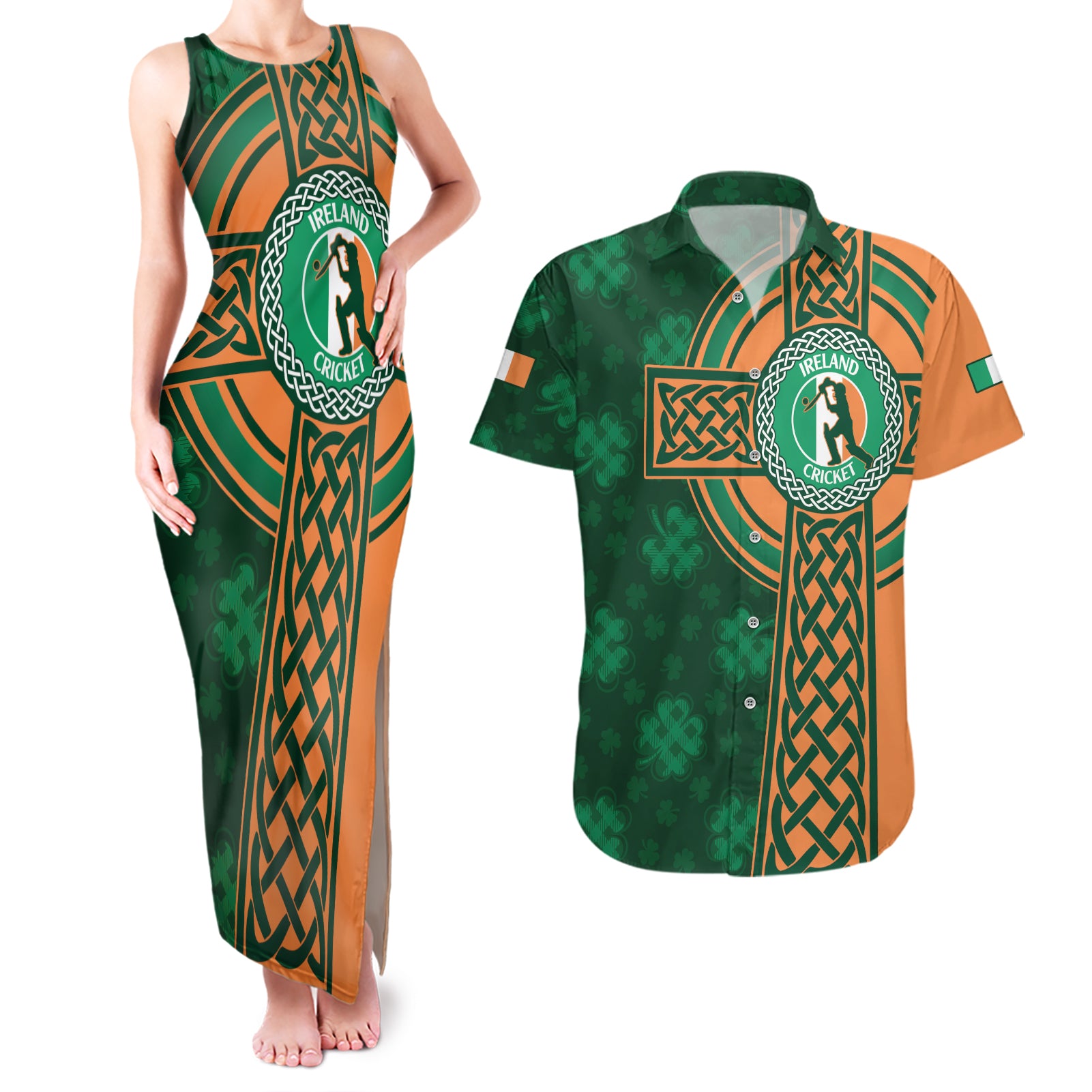 Custom Ireland Cricket Couples Matching Tank Maxi Dress and Hawaiian Shirt 2024 Celtic Shamrock Go Champions - Wonder Print Shop