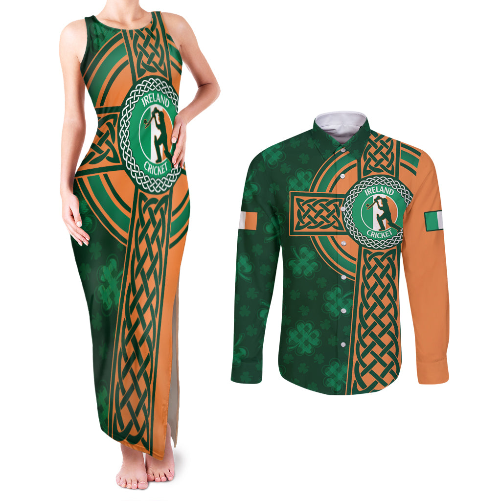 Custom Ireland Cricket Couples Matching Tank Maxi Dress and Long Sleeve Button Shirt 2024 Celtic Shamrock Go Champions - Wonder Print Shop