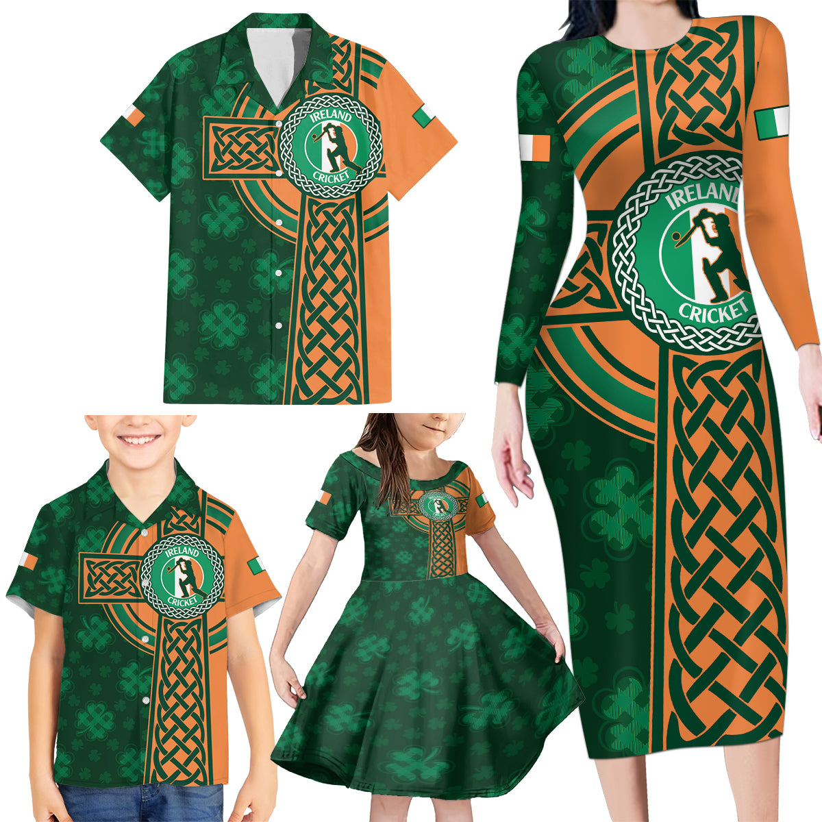 Custom Ireland Cricket Family Matching Long Sleeve Bodycon Dress and Hawaiian Shirt 2024 Celtic Shamrock Go Champions - Wonder Print Shop