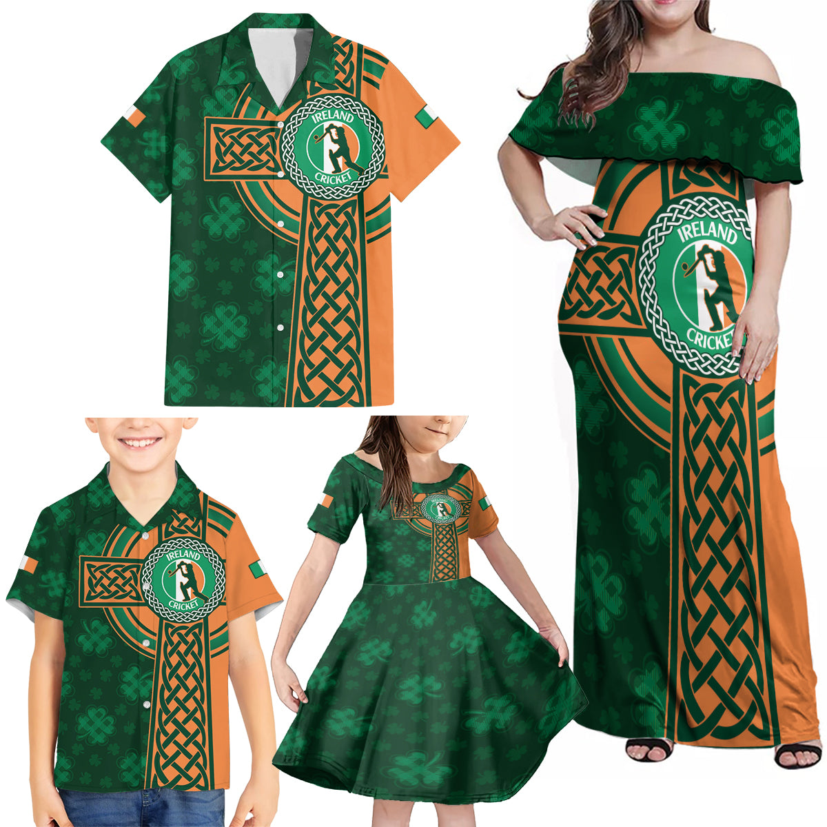 Custom Ireland Cricket Family Matching Off Shoulder Maxi Dress and Hawaiian Shirt 2024 Celtic Shamrock Go Champions - Wonder Print Shop